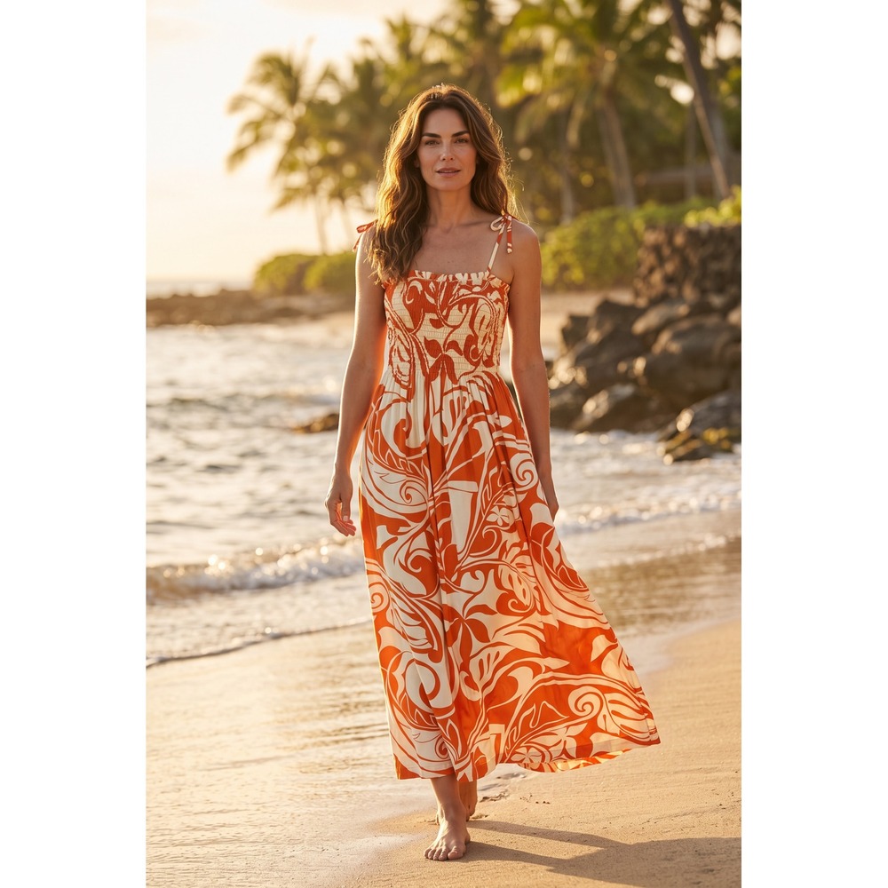 Puanani Hawaii Orange Cream Floral Smocked Tie‑Strap Resort Maxi Sundress Large